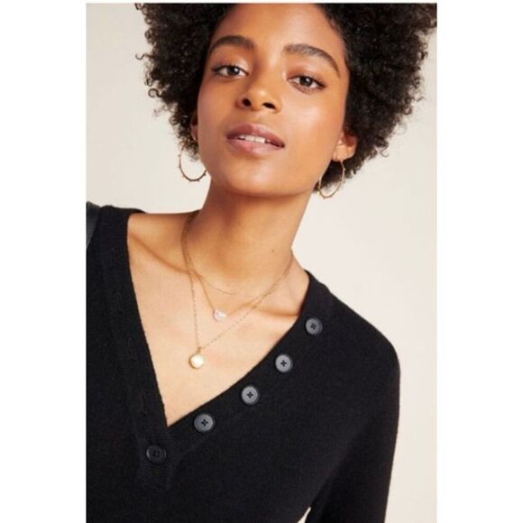 Anthropologie Womens Serena Button Up V-Neck Tunic Black Sweater Small - Picture 4 of 11